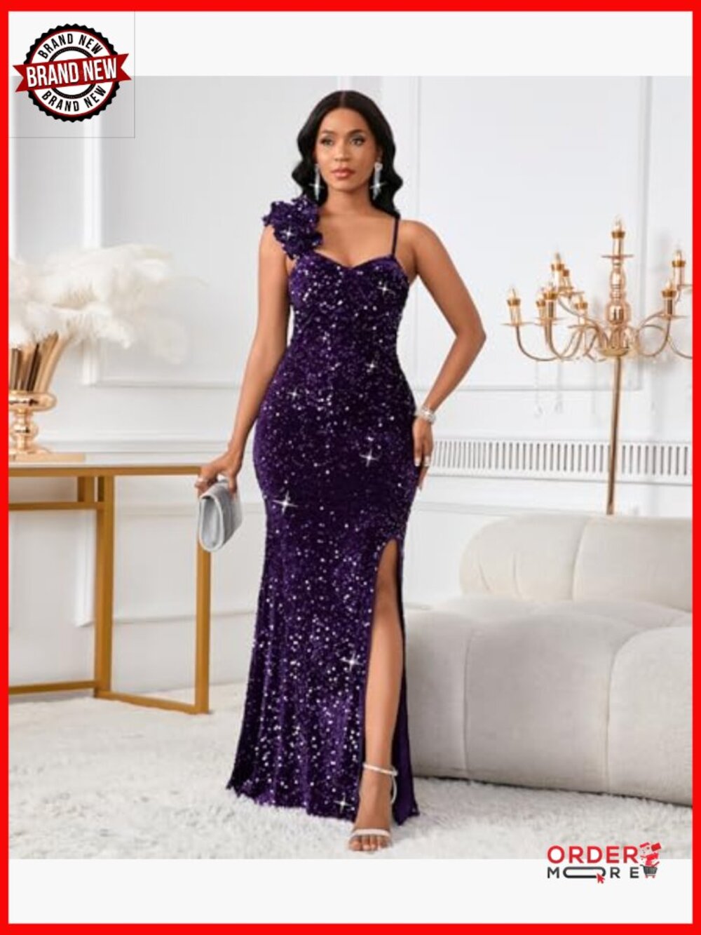 Elegant Sequin Mermaid Bodycon Maxi Dress with Ruffled Hem - Picture 3 of 7
